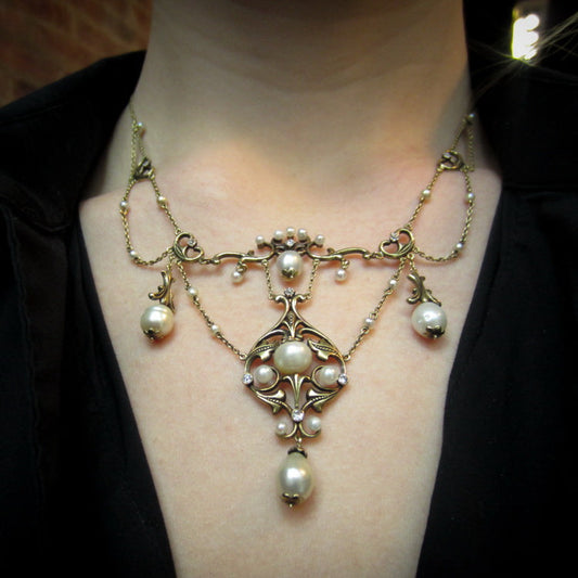 Antique Natural Pearl & Diamond Festoon Necklace