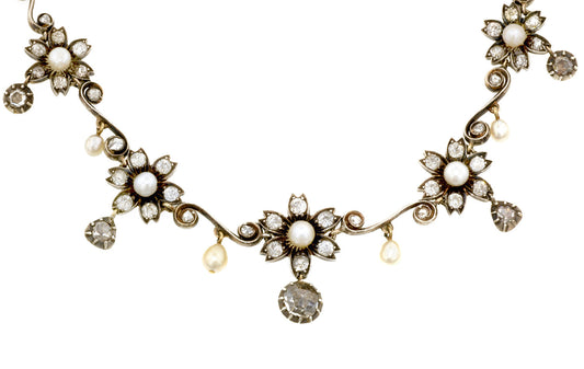 Antique Natural Pearl & Diamond Necklace
