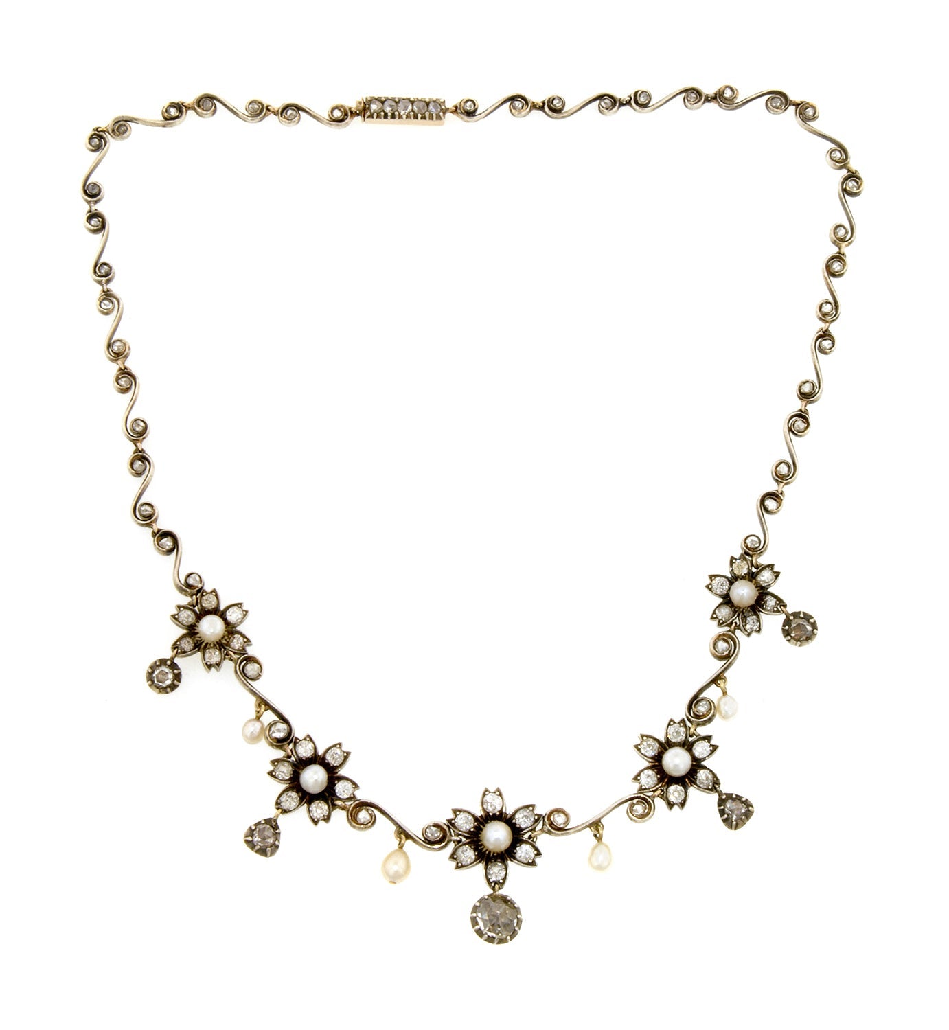 Antique Natural Pearl & Diamond Necklace