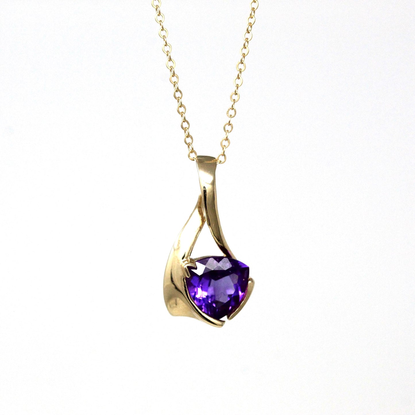 Genuine Amethyst Pendant - Estate 10k Yellow Gold Fancy Cut Purple Gem Charm Necklace - Modern Circa 2000's Era February Birthstone Jewelry