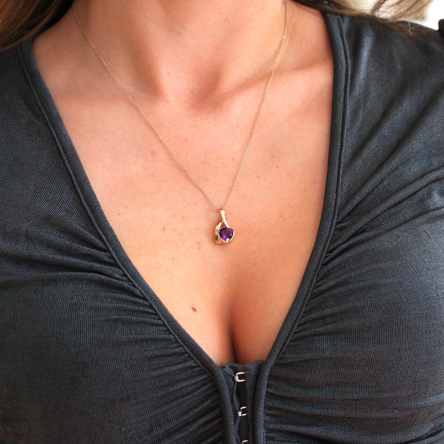 Genuine Amethyst Pendant - Estate 10k Yellow Gold Fancy Cut Purple Gem Charm Necklace - Modern Circa 2000's Era February Birthstone Jewelry
