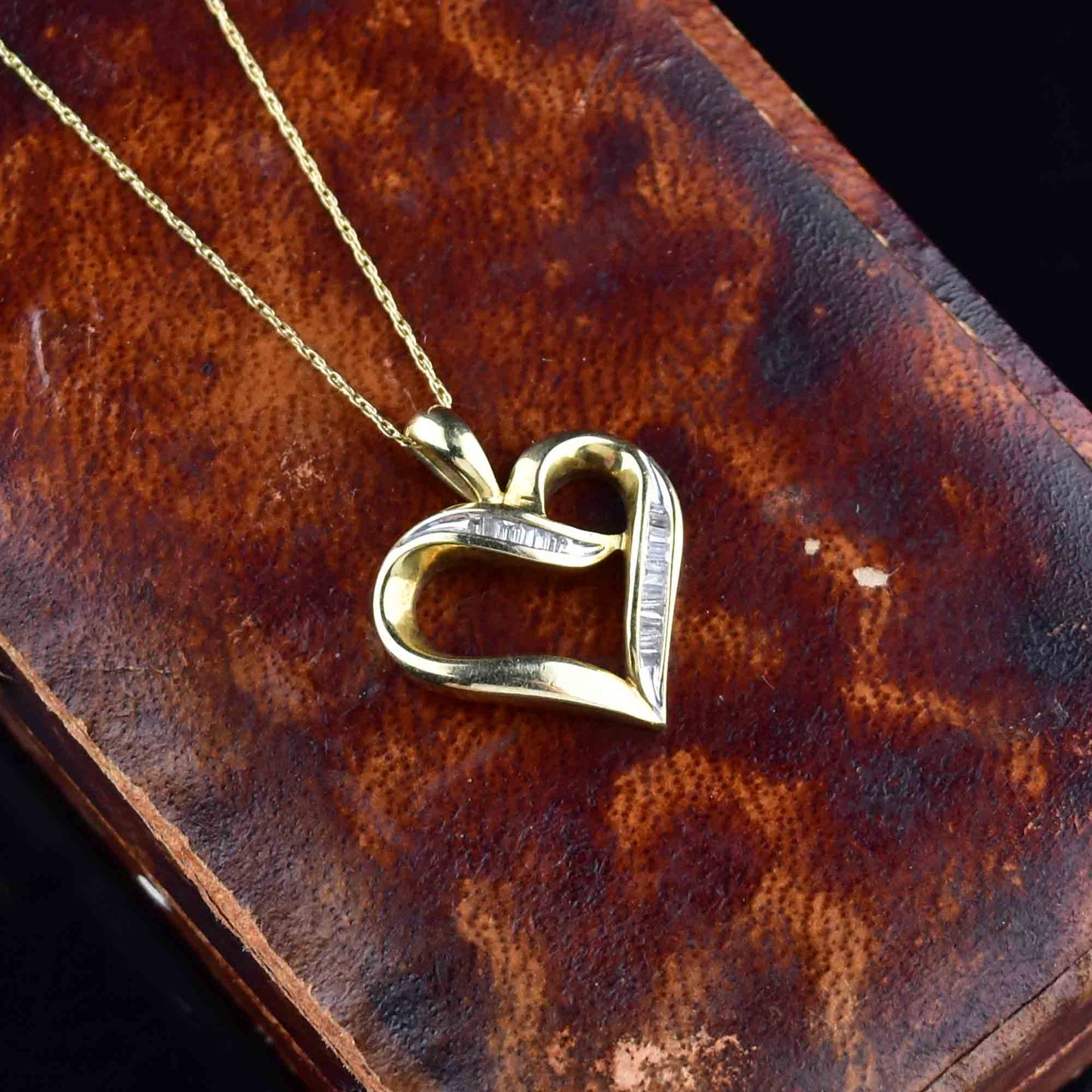 10K Gold Open Heart Baguette Diamond Pendant Necklace