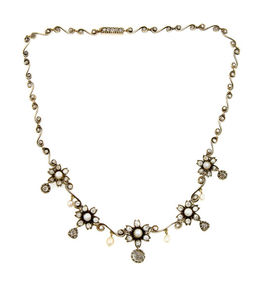Antique Natural Pearl & Diamond Necklace