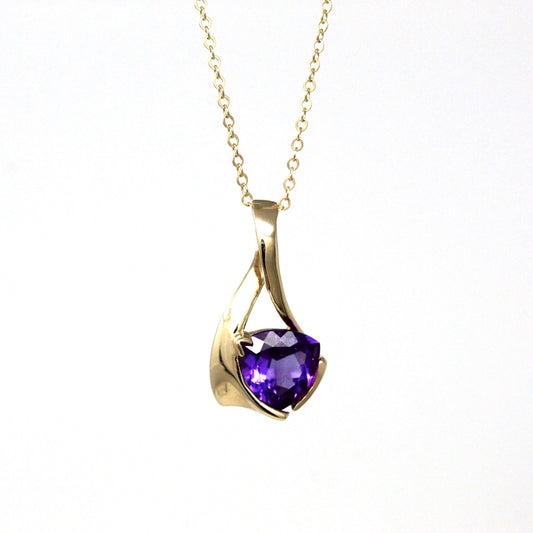 Genuine Amethyst Pendant - Estate 10k Yellow Gold Fancy Cut Purple Gem Charm Necklace - Modern Circa 2000's Era February Birthstone Jewelry